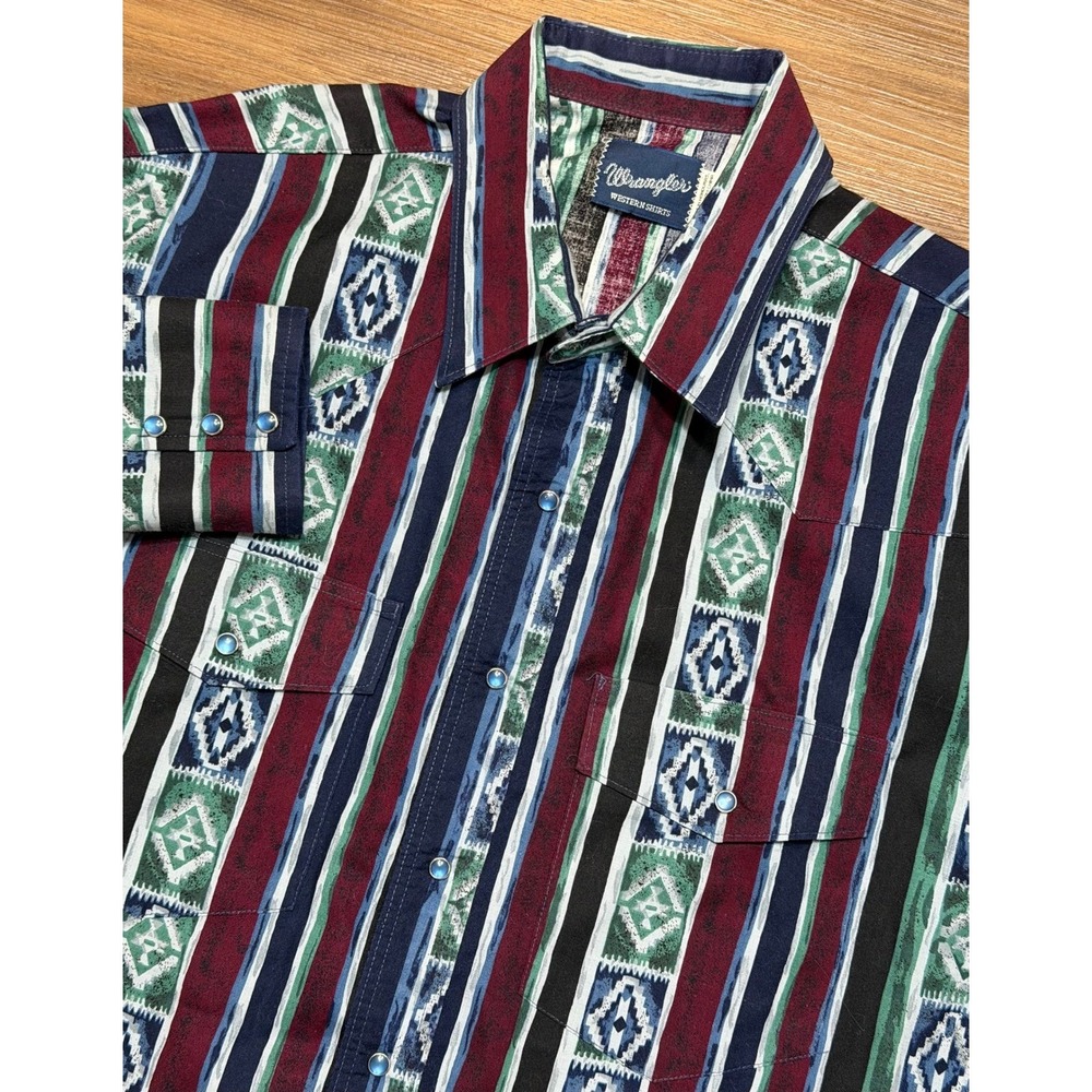 VTG Wrangler Western Multicolor Aztec Striped Pearl Snap Shirt Men's Sz XL